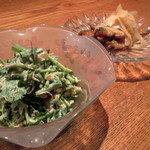 三つ葉と数の子・おじゃこの胡麻マヨネーズ和え/はたはたの南蛮漬け