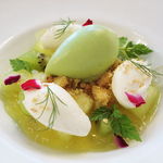 トゥールダルジャン - メロンとキウイフルーツ ココナッツのシャンティイ風とミントシャーベット