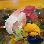 うなぎ屋酒坊・画荘 越後屋 - 29年8月　ミナミマグロ赤身、トロ、宮城鮃、エンガワ、利尻雲丹