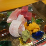 うなぎ屋酒坊・画荘 越後屋 - 29年8月　ミナミマグロ赤身、トロ、宮城鮃、エンガワ、利尻雲丹