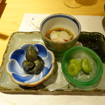 柳家錦 - こんにゃくソーメン、小茄子の煮びたし、ソラマメ