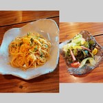 エビ・バジル・夏野菜のトマトクリームパスタとサラダ　900円
