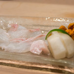 うを徳 - 2017.8 お造り（明石星鰈、星鰈エンガワ、積丹バフンウニ）、京都蕪