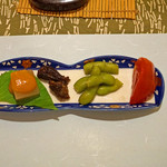 小満津 - 前菜　冬瓜　味噌で、うなぎの兜煮、枝豆、塩トマト
