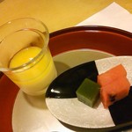 箱根小涌谷温泉 水の音 - マンゴープリン、抹茶羊羹、スイカ