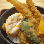 てんぷら広場 食道 - 海老天丼+半熟たまご天ぷら