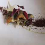 【前菜】鮎のソテー　燻製した枝豆とリコッタチーズソース