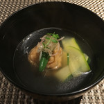 鱧ととうもろこしのがんもどき 山椒と茗荷 ズッキーニの椀