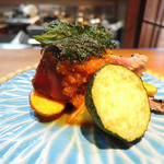 明道町中国菜 一星 - 千葉産鰹　大根おろしを使った四川風ソース、ズッキーニ・丸茄子・赤芋の素揚げ