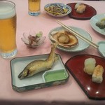 アルセ - 生ビール、鮎、帆立、寿司、刺身、あさり酒蒸し、焼鳥(2017.08.18)