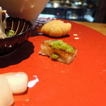 明道町中国菜 一星 - 右奥から中華パイ（レバーペースト・ナッツ・ドライフルーツ入り）、大根餅葱ソース、甘酢ラッキョウ