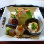 京料理 かじ - お造り（雲子ポン酢、鱧焼霜、よこわ、汲み上げ湯葉、など）
