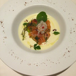 マッシュルーム - 豆乳のブランマンジェ ペルノー風味 ノルウェーサーモンとズワイガニ添え