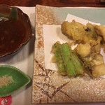 古長 - アスパラと明石蛸と穴子の天ぷら♫