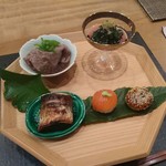 おおたに - 宮崎牛の焼きしゃぶしゃぶと万願寺唐辛子のお浸し、天然琵琶鱒の手まり寿し、小芋の味噌焼き、金時草のお浸し、かますの幽庵焼き