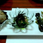 割烹 半兵衛 - 夏野菜（茄子、アスパラ、オクラとみょうが和え物）、サザエのつぼ焼き