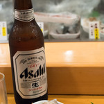 光寿司 - 2017.8 アサヒスーパードライ 瓶ビール 大（600円）、お通しの北海つぶ貝