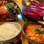 Yakiniku hayama koube sandagyuu - “キムチ盛合せ、レバ刺し、ご飯、カルビうどん”