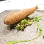 ジョンティ アッシュ - 稚鮎の黒ビールフリット　胡瓜とマスターゾ添え　川の流れの胡瓜ソース