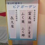 宮川町ビアガーデン - 本日出演予定の芸舞妓さんのお名前と御料理担当のお店が明記されています