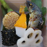 宮川町ビアガーデン - 鮎炭火焼魚田・イカ雲丹焼・ふくさ焼玉子・高野豆腐利休揚げ・新さつま芋・枝豆・蓮