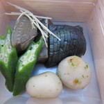 宮川町ビアガーデン - にしん那須・おくら・小芋の含ませ煮・ふり柚子・はり生姜