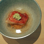 紀尾井町 三谷 - 雲丹の焼きおにぎりに金目鯛の焼き物、上から吉野葛を使って昆布出汁を餡かけにしたものをかけて