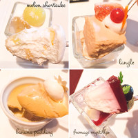 RISTORANTE OZIO - 左上から：メロンショート、ラングレ、バナナプリン、フロマージュミルティーユ