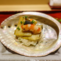 銀座 しのはら - すっぽんソースの焼きがゆ 柑橘の鮑と海老