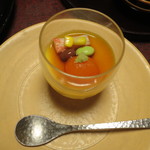 みやじまの宿 岩惣 - 箸染め：萩と月見　南京醍醐寄せ　味噌漬け玉子　蟹身　鼈甲餡　山葵