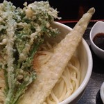 穴子天、春菊天、山椒醤油ぶっかけ