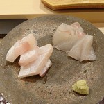 鮨 鈴木 - クエの炙りと鮃と縁側