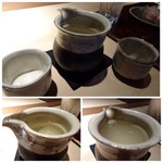 菊鮨 - 上：壱岐・横山五十。口当たりもよく美味しい。3種の中ではこれが好みでした。 左下：山形・正宗。辛口。 右下：久留米・にのや。夏らしい濁り酒。