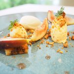 プレヴナンス - ランチコース 6500円 の無花果とゴルゴンゾーラチーズのタルト 牛乳のムース ヨーグルトのシャーベット メキシカンマリーゴールドの葉 ゴルゴンゾーラチーズのクランベ