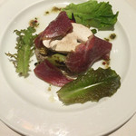 マッシュルーム - 有機野菜のグリエ ラヴィゴットソース ジャンボマッシュルームとブレザオラ添え