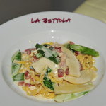 ラ・ベットラ・ダ・オチアイ - 筍とパンチェッタ、アスパラガスのクリームソース フェットチーネ