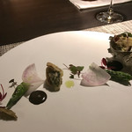 D'ORO HATSUDAI - 長崎県産蒸しサザエのフリット、肝のソース　蕗の薹のタプナード