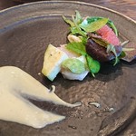 organ - 道産 生帆立とブッラータ、水なす、柑橘のサラダ④別皿の特製マヨネーズで頂きます。マヨネーズが凄く美味しいです！