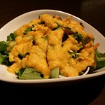 炭火焼肉 ふちおか - コースのサラダ。サニーレタス、水菜、胡瓜に人参のドレッシングがかけられています。