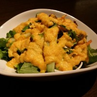 炭火焼肉 ふちおか - コースのサラダ。サニーレタス、水菜、胡瓜に人参のドレッシングがかけられています。