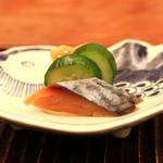 緒方 - 香の物　胡瓜の糠漬け、切干大根の南蛮漬け、鯖のへしこ