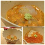 鮨 さかい - 豪華競演ですね。両方の甘みと旨みが加算されとても美味しい。 ある程度頂いた後「シャリ」と「イクラ」が足され、さらに豪華に。もちろん美味しい。