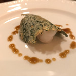 f - 海老とモロヘイヤの煎餅？シマエビソース/濃厚な海老の香りが最高