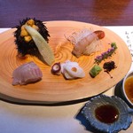ラビスタ阿寒川 - 造里：松皮鰈へぎ造り・牡丹海老・生海胆殻盛り・水蛸文銭造り梅肉・あしらい一式‥‥造り醤油・玉葱ポン酢で