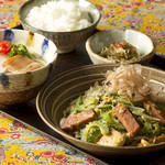 Bitter gourd champuru and mini Okinawa Soba set meal