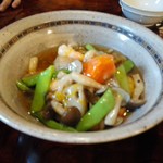 手打そば 車家 - 前菜　季節の野菜と海老の餡かけ