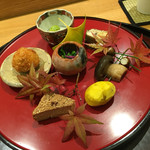 日本料理 太月 - 銀杏、ゆり根のコロッケ、焼栗、あゆの昆布締め など。