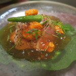 日本料理 太月 - 29年7月　塩水雲丹、ノドグロ炙り、賀茂茄子、目葱、ミニオクラ　ポン酢ジュレ掛け