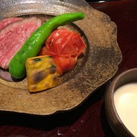 御幸町 田がわ - 仙台牛いちぼ　トマト　伏見唐辛子　南瓜