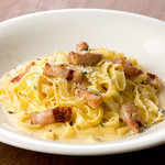 Homemade bacon carbonara tagliatelle